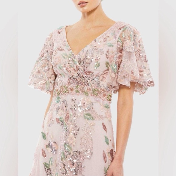 MAC DUGGAL Dress Size 16 Evening Gown Sequin Pink V Neck Flutter Sleeve Floral - Picture 2 of 3